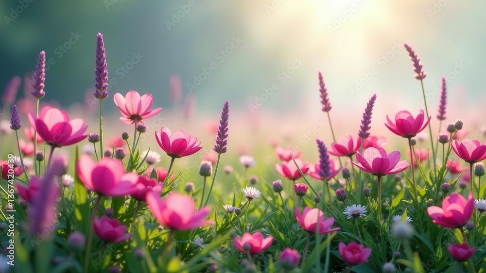 Fototapeta premium Serene Meadow of Vibrant Pink Blossoms and Delicate Purple Spikes Basking in the Golden Hour Sunlight