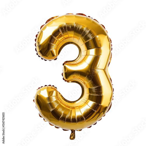 Shiny golden foil balloons shaped like the number 3, perfect for 3rd birthday, anniversary celebrations, or festive decor isolated on transparent background