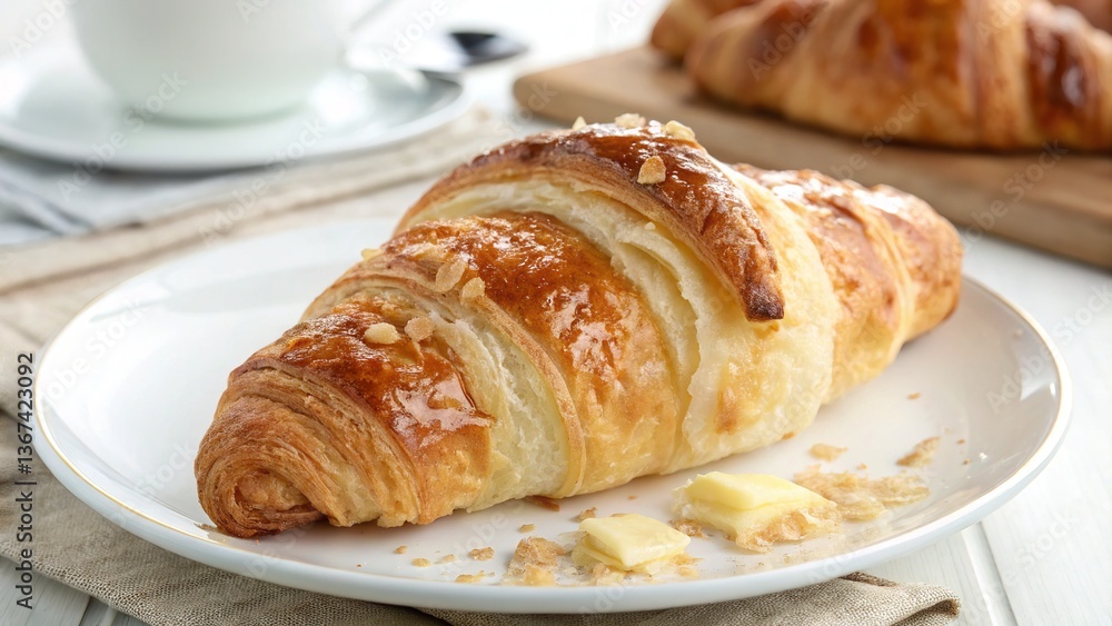 A fresh, baked croissant and coffee make a delicious French breakfast pastry A fresh, baked croissant and coffee make a delicious French breakfast pastry