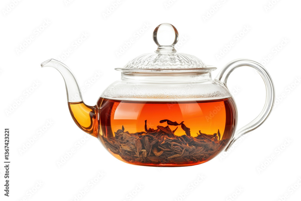 Elegant glass teapot with brewing tea leaves on a bright, minimalistic background isolated on transparent background Elegant glass teapot with brewing tea leaves on a bright, minimalistic background isolated on transparent background