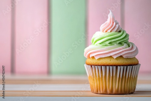 A vibrant cupcake with creamy frosting rests on a light wooden surface, highlighting its charm
