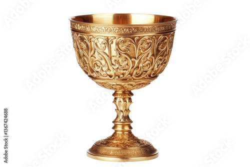 Intricately designed golden chalice with floral patterns displayed on an elegant pedestal isolated on transparent background