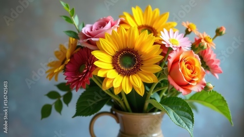 Wallpaper Mural Vibrant bouquet of sunflowers, roses, and gerbera daisies arranged in a rustic vase, showcasing a delightful mix of colors and textures. Torontodigital.ca