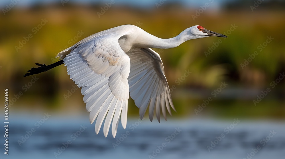 Elegant white crane in flight over serene wetlands Elegant white crane in flight over serene wetlands