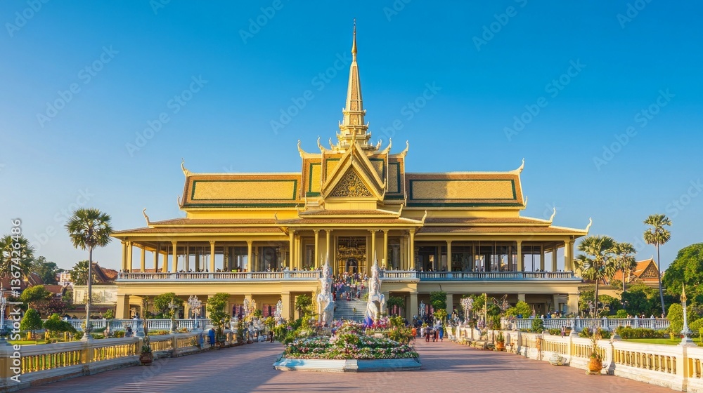 Naklejka premium Exploring the majestic royal palace in phnom penh cambodia a cultural heritage marvel surrounded by scenic beauty