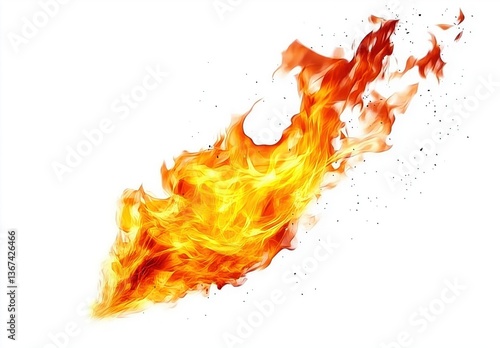 Dynamic Burst of Flaming Fire with Lively Orange and Yellow Flames on a White Background