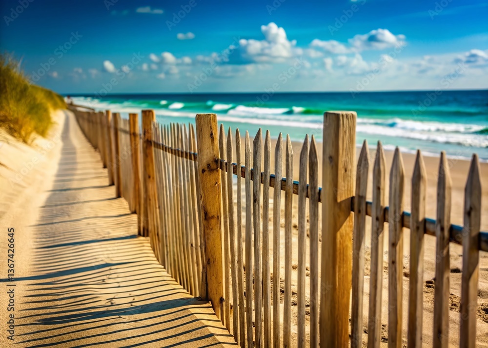 Fototapeta premium Coastal Beach Fence Row, Summer Ocean View, Copy Space, Vacation Background