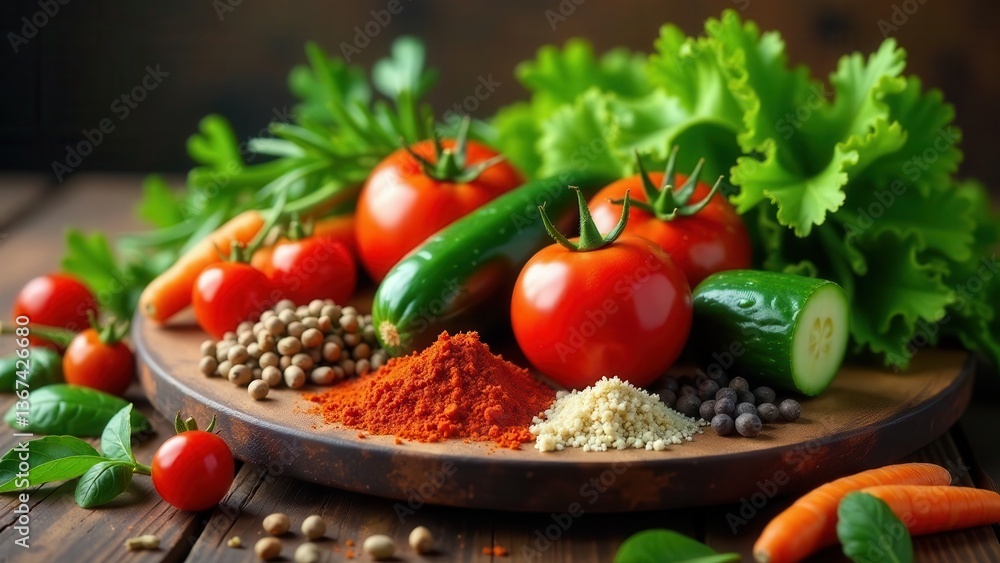 A vibrant display of fresh garden vegetables and aromatic spices arranged on a rustic wooden board A vibrant display of fresh garden vegetables and aromatic spices arranged on a rustic wooden board