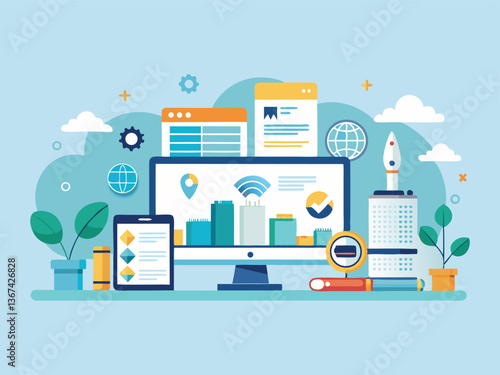 Modern flat vector with business and technology icons