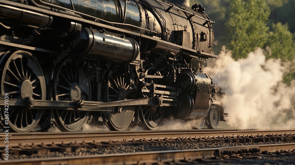 Naklejka premium Steam locomotive, tracks, countryside, sunset, transportation