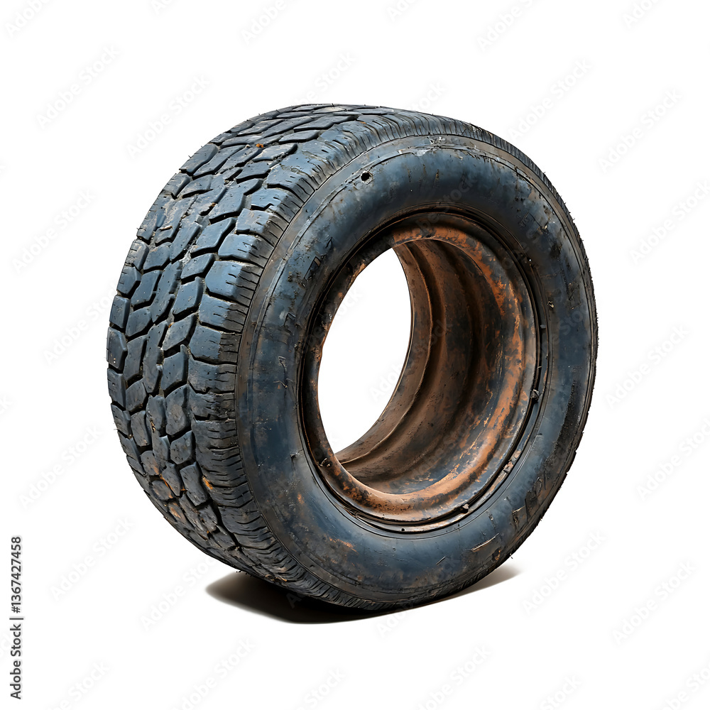 Shows a single, well-worn, and dirty tire isolated PNG background Shows a single, well-worn, and dirty tire isolated PNG background