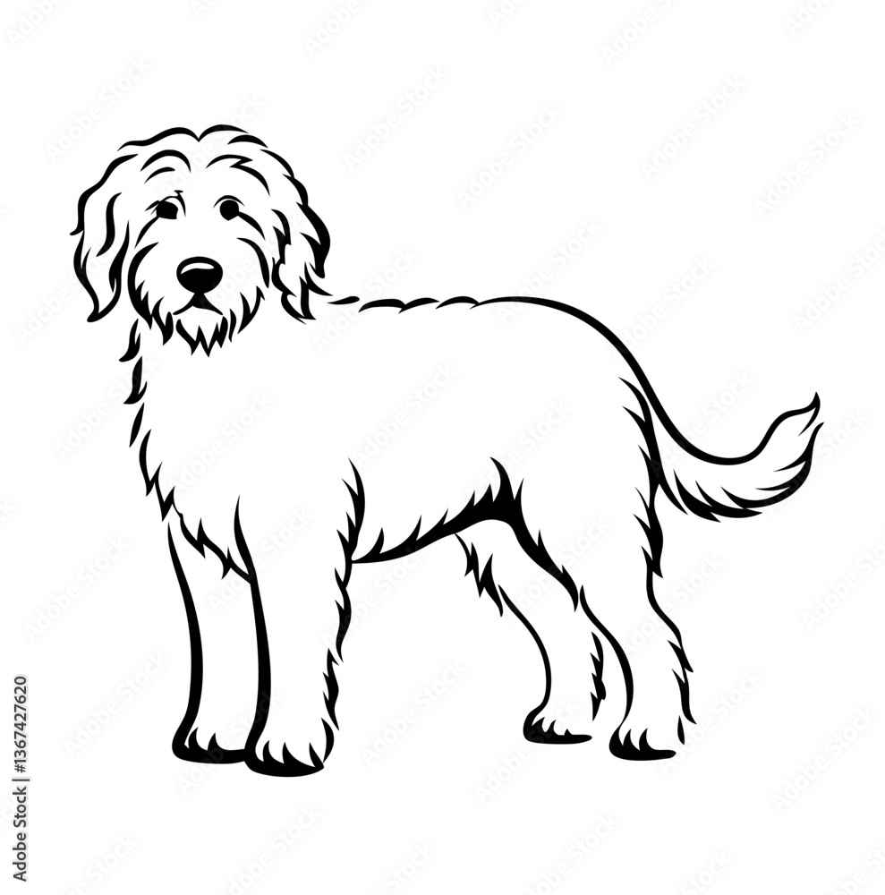 Shaggy curly haired Spanish water dog standing in black outline Shaggy curly haired Spanish water dog standing in black outline