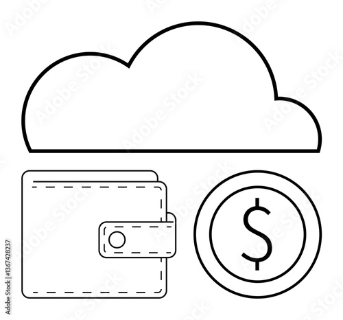 Outlined cloud above leather wallet and dollar symbol coin. Ideal for finance, digital wallet, cloud technology, online payment, e-commerce, secure storage, money management. Flat simple metaphor