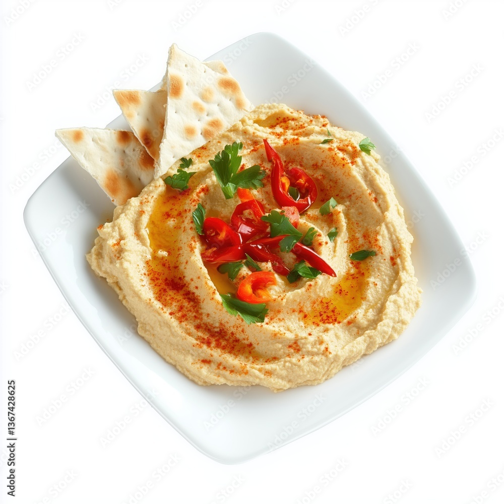 Delicious Creamy Hummus Topped with Fresh Chili and Parsley Served with Crispy Pita Bread Delicious Creamy Hummus Topped with Fresh Chili and Parsley Served with Crispy Pita Bread
