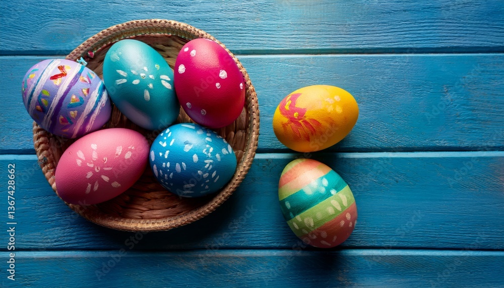 Fototapeta premium Colorful, decorated Easter eggs in a woven basket against a vibrant blue wooden background, celebrating spring festivities.