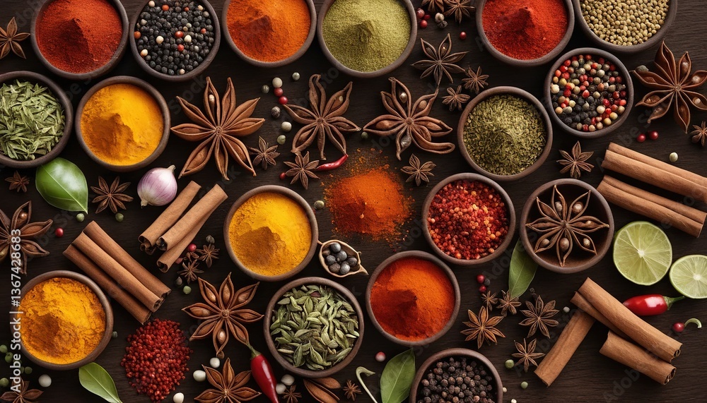 Spices. Various Indian spices on table, variety of tasty spices. Spices and herbs in cups. Ingredients for cooking. Spices. Various Indian spices on table, variety of tasty spices. Spices and herbs in cups. Ingredients for cooking.