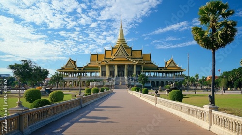 Explore stunning architecture of phnom penh's royal palace on a bright sunny day - a wide angle view of cultural heritage