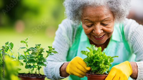 Wallpaper Mural Joyful senior gardening activity in vibrant green garden setting Torontodigital.ca