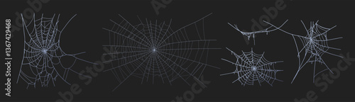 Spooky halloween old cobweb with various sizes and shapes. Old spider web set flat vector illustration for dark gothic decoration for holidays. Corner spider net insect thread cobweb scary frames.