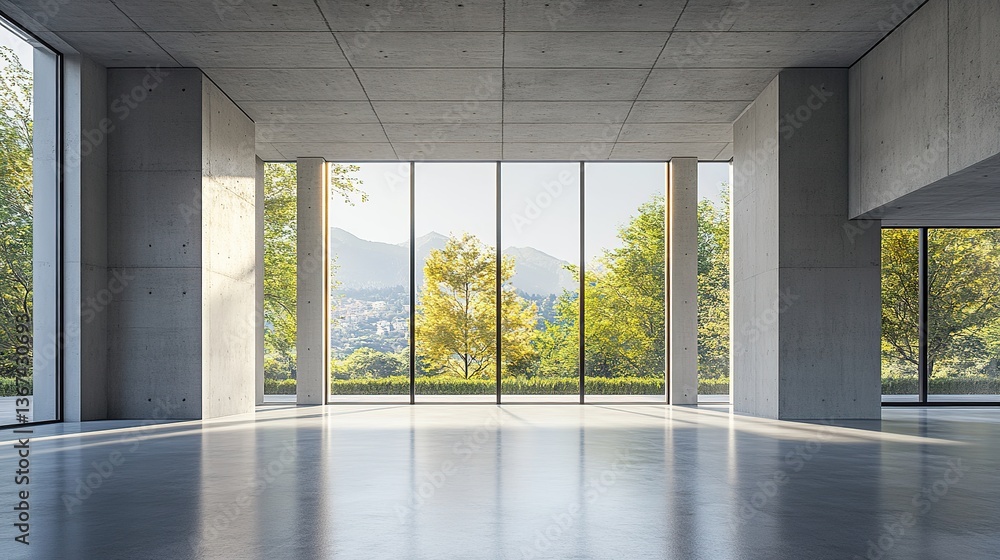 Fototapeta premium Modern concrete hall with glowing windows, embodying simplicity and clean minimalism in architectural design.