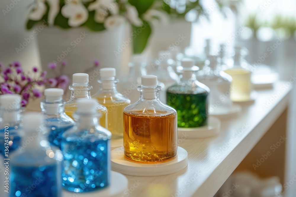 Colorful glass bottles of various liquids displayed elegantly in a bright, plant-filled room Colorful glass bottles of various liquids displayed elegantly in a bright, plant-filled room