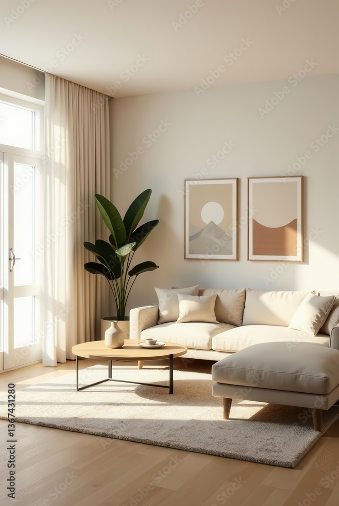 Fototapeta premium Serene Living Room Decor Modern Sectional Sofa, Neutral Tones, and Natural Light