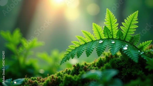 Wallpaper Mural Lush Green Fern Frond with Dew Drops on Mossy Ground, Illuminated by Soft Sunlight Torontodigital.ca