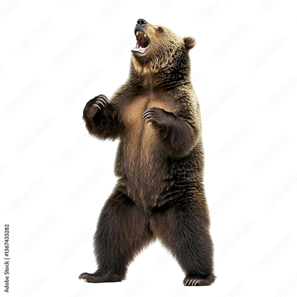 Fototapeta premium Aggressive standing brown bear roaring with open mouth on transparent background.