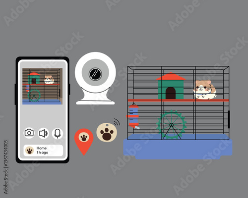 Illustration of a pet monitoring system with a hamster in a cage, webcam, and smartphone screen showing live video and location. Concept for smart home pet care and remote surveillance. Vector