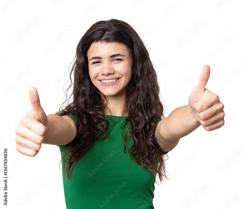 Close-up portrait of attractive surprised girl, showing thumbs up gesture. Success luck concept. Close-up portrait of attractive surprised girl, showing thumbs up gesture. Success luck concept.