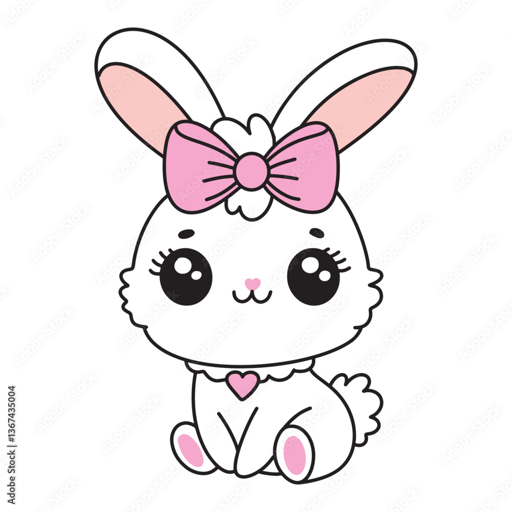 Obraz premium Adorable Kawaii Easter White Bunny with Ribbon Bow. Cute Hand Drawn Spring Animal Vector Illustration