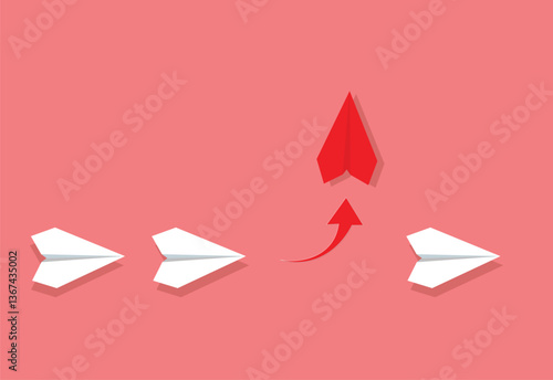 Think different, be a leader. Individuality concept. Red paper plane flies to the side .Vector illustration