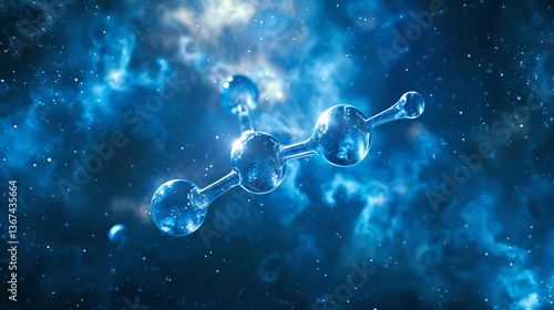 A cosmic representation of an H2O molecule floating in deep space, glowing with interstellar energy