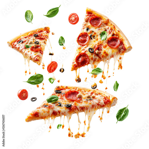 Hot cheesy pizza slices with mushrooms and herbs on transparent background.