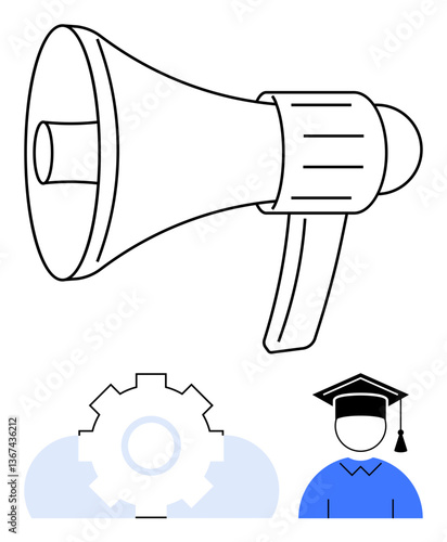 Megaphone denoting communication, gear symbolizing innovation, graduate cap representing education. Ideal for campaigns, announcements, academic promotions, teamwork, training, leadership and growth