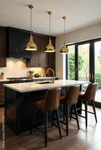 Modern kitchen island with dark cabinetry, quartz countertop, and brass pendant lighting