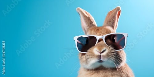 A cute, smiling rabbit wearing sunglasses, against a blue background, in a cool style. Commercial photography, high resolution. bokeh background