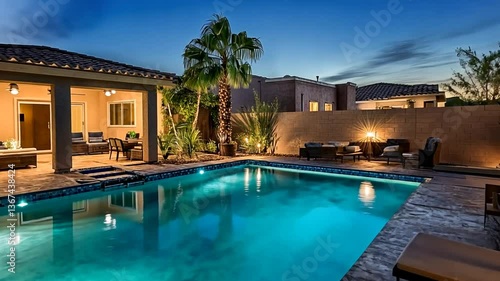 Wallpaper Mural Tranquil Backyard Oasis: Swimming Pool at Dusk with Lush Landscaping and Evening Lighting Torontodigital.ca