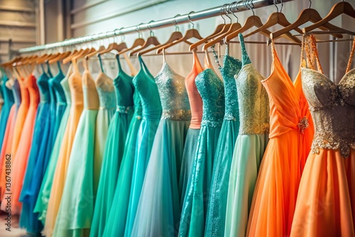 Wallpaper Mural Colorful Prom Dresses Hanging in a Boutique - Aerial View Torontodigital.ca