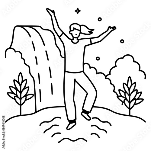 A person jumping in front of a magnificent waterfall, feeling a sense of peace and freedom