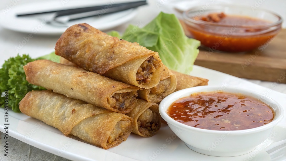 An inviting plate of freshly prepared spring rolls, artfully arranged alongside a vibrant, flavorful dipping sauce. An inviting plate of freshly prepared spring rolls, artfully arranged alongside a vibrant, flavorful dipping sauce.