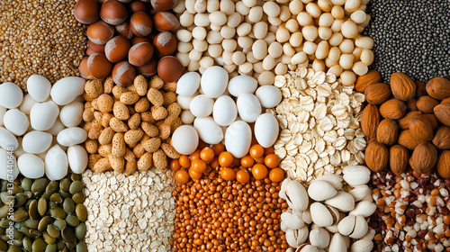 An overhead shot showing a colorful variety of nuts seeds and grains arranged in a grid pattern