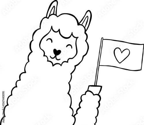 Cute Alpaca Llama Loves Win Heart Flag Character Cartoon Valentine Element Outline
