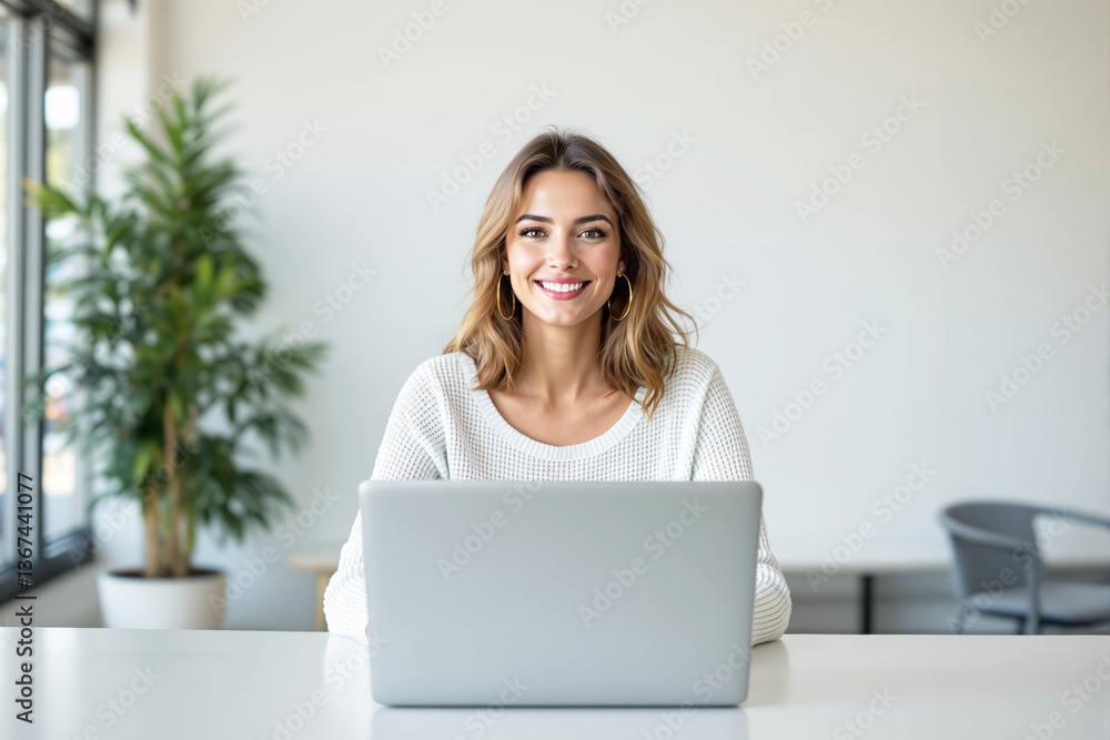 Woman smiling while using laptop at modern workspace, realistic style, bright interior background, concept of remote work and productivity. Ai generative Woman smiling while using laptop at modern workspace, realistic style, bright interior background, concept of remote work and productivity. Ai generative