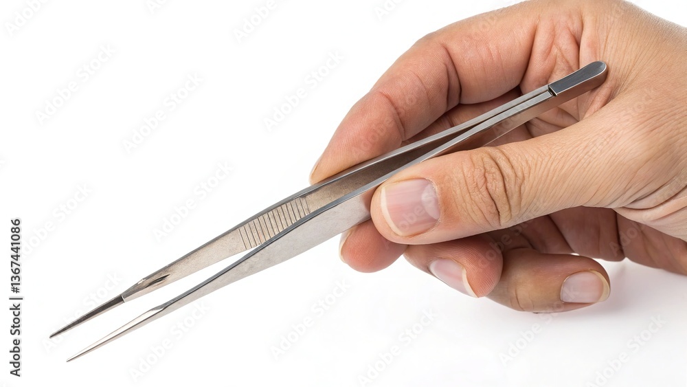 A hand delicately holds a pair of tweezers, showcasing detail and craftsmanship. Capturing the essence of accuracy and fine work. A hand delicately holds a pair of tweezers, showcasing detail and craftsmanship. Capturing the essence of accuracy and fine work.