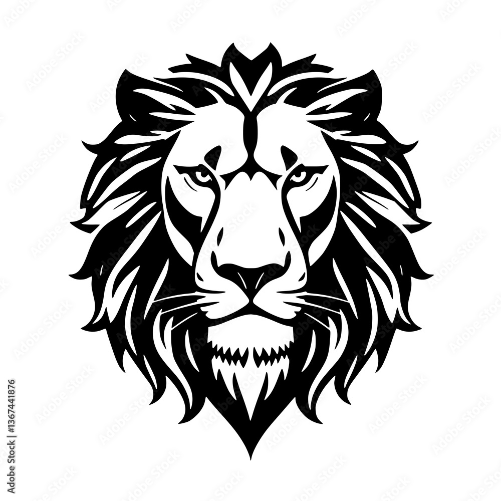 Fototapeta premium Majestic Lion Head: A powerful black and white illustration of a lion's head, embodying strength, courage, and royalty, perfect for designs.