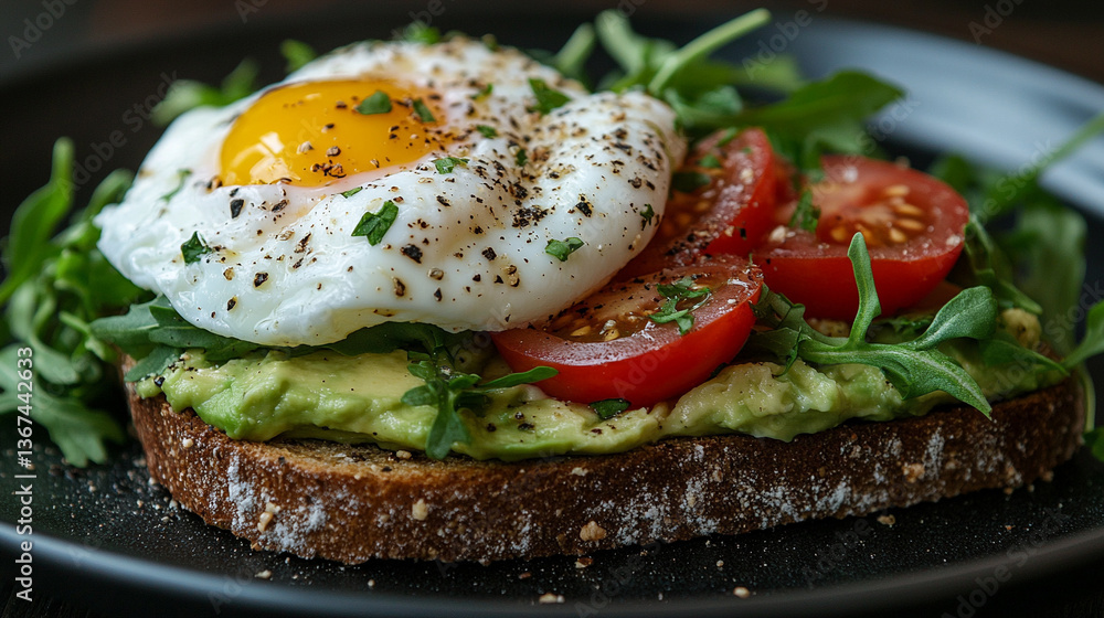 Delicious avocado toast with poached egg and tomatoes Delicious avocado toast with poached egg and tomatoes