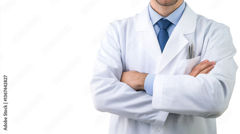 Close up of a doctor in a white coat with arms crossed isolated on a white background in a studio shot Close up of a doctor in a white coat with arms crossed isolated on a white background in a studio shot