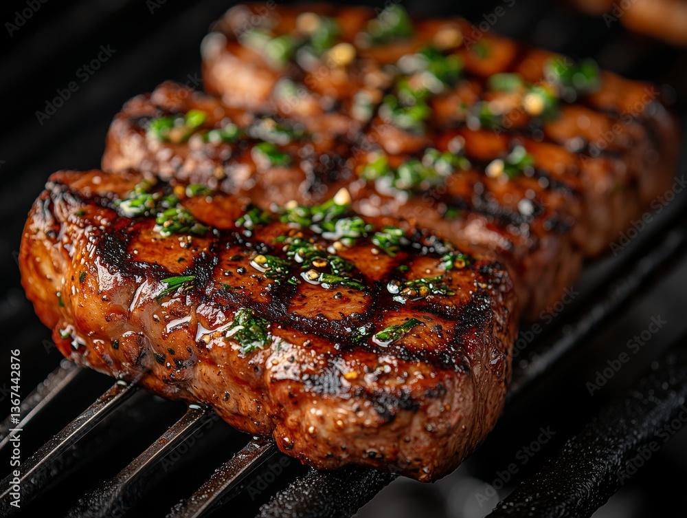 Perfekt Gegrilltes Steak: Ein Makroshot mit Grillzange Perfekt Gegrilltes Steak: Ein Makroshot mit Grillzange