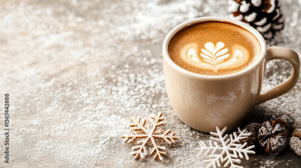warm cup of latte with latte art surrounded by snowflakes warm cup of latte with latte art surrounded by snowflakes